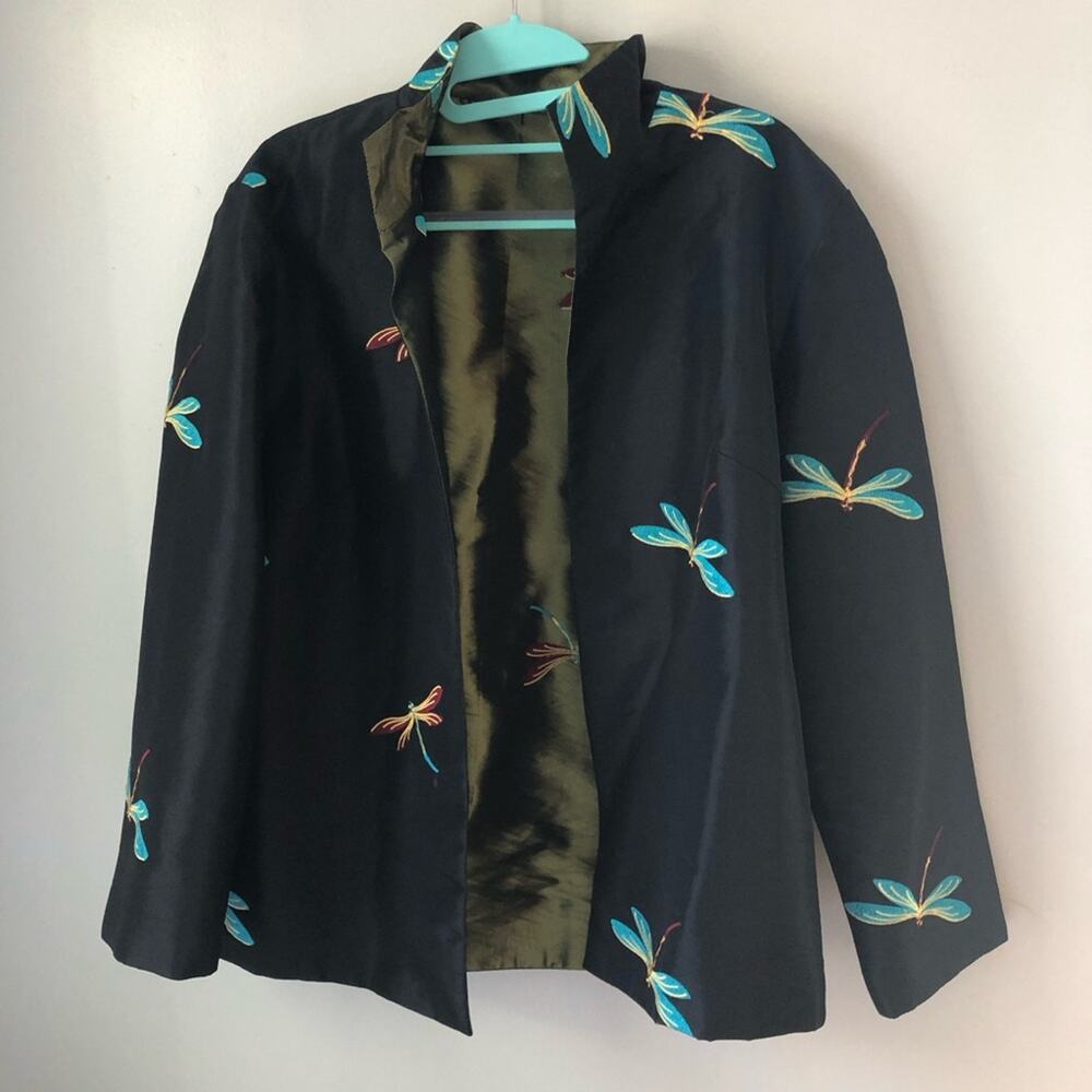 dragonfly embroidered open front jacket reversible black green Asian womens L